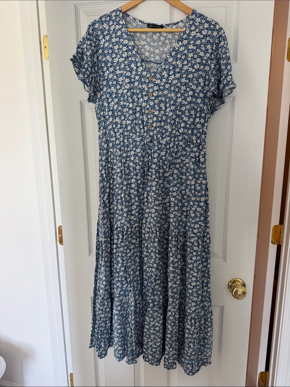 Women's Blue Floral Maxi Dress with V-Neck